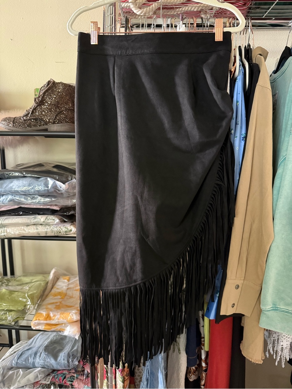 Black Fringe Asymmetric Midi Skirt